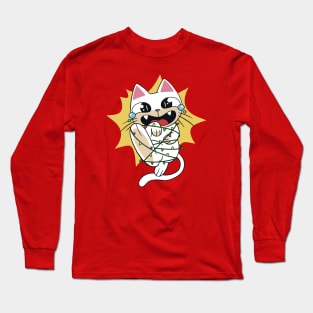 Funny Cartoon Cat Caught in Christmas Lights Long Sleeve T-Shirt